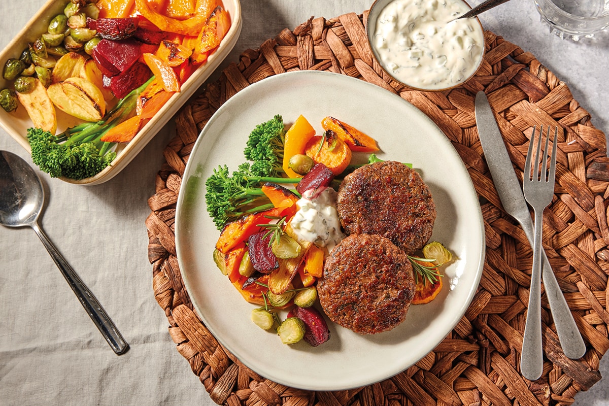 New-Meat* Meatballs with Mediterranean Flavour served with Tzatziki and Roasted Vegetables