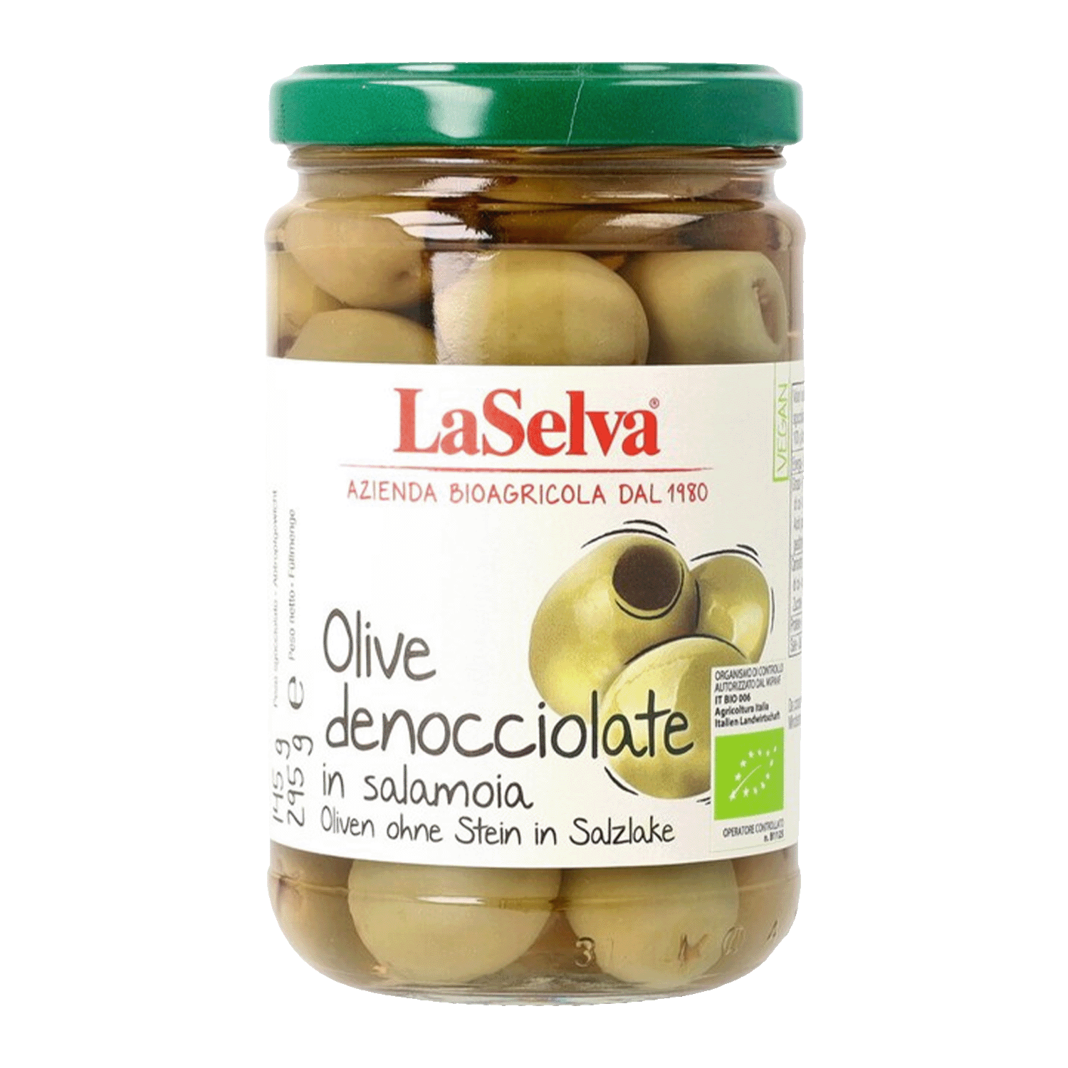 Green olives without stone in brine, Organic, 295g