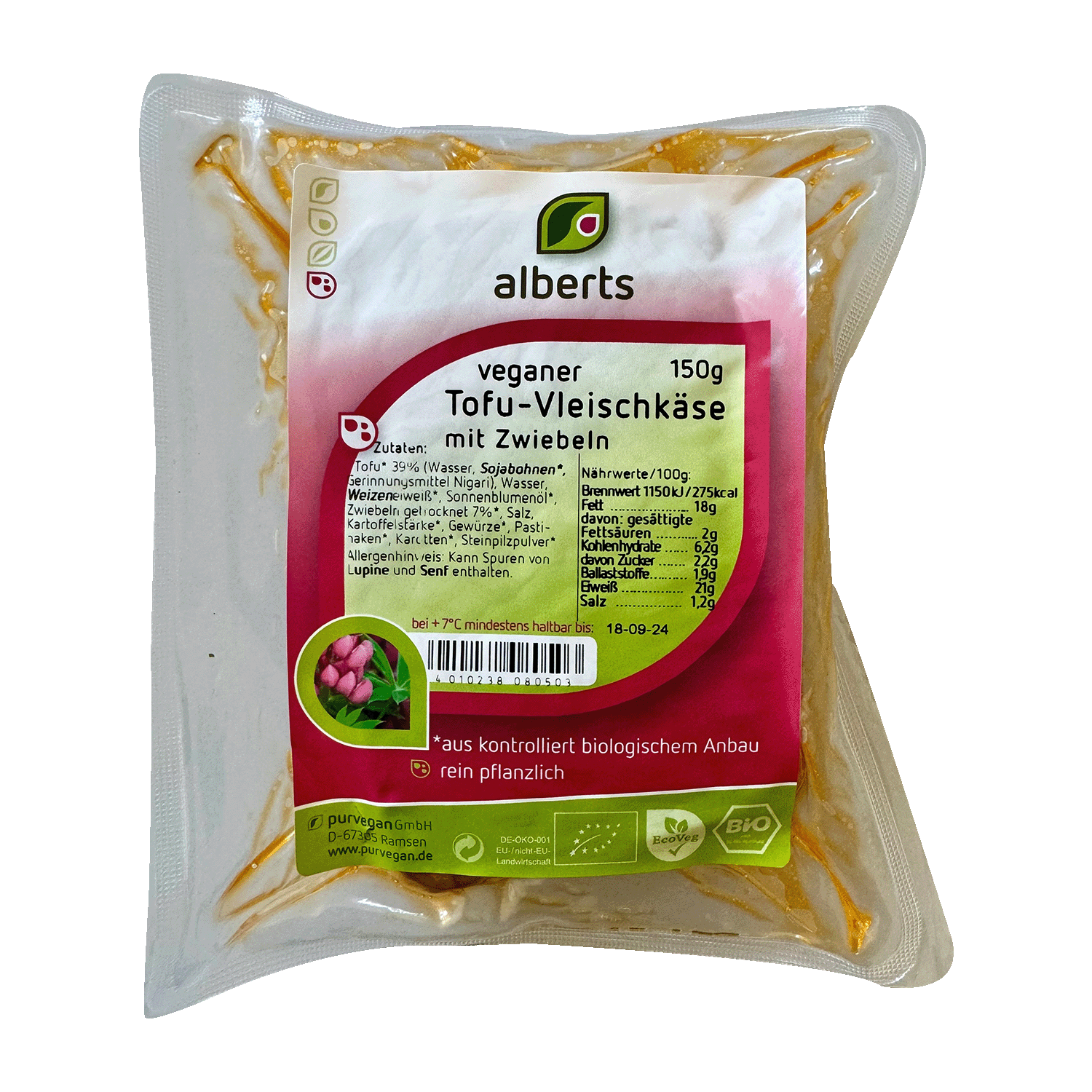 Veganer Tofu-Vleischkäse mit Zwiebeln, BIO, 150g