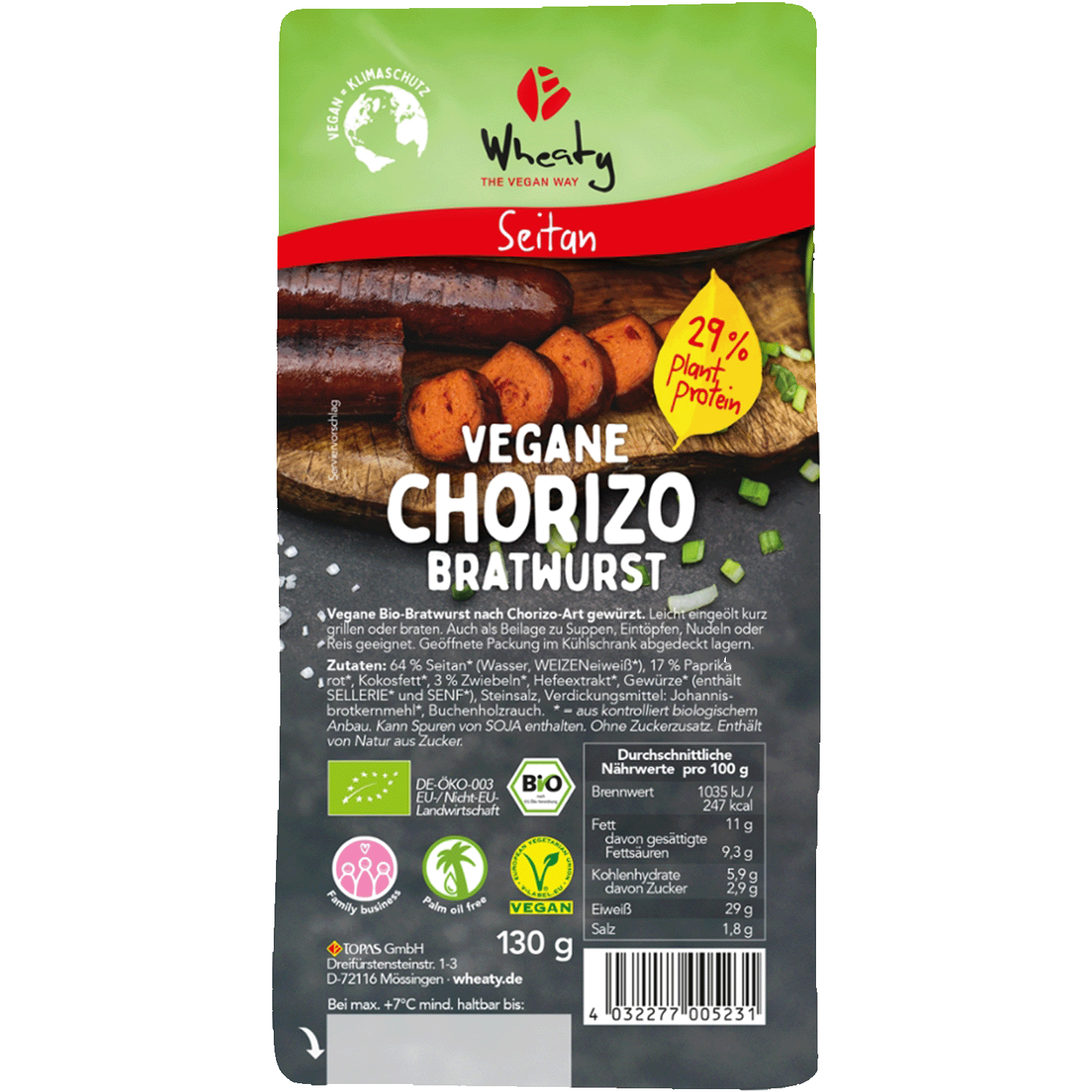 Vegane Chorizo-Bratwurst, BIO, 130g